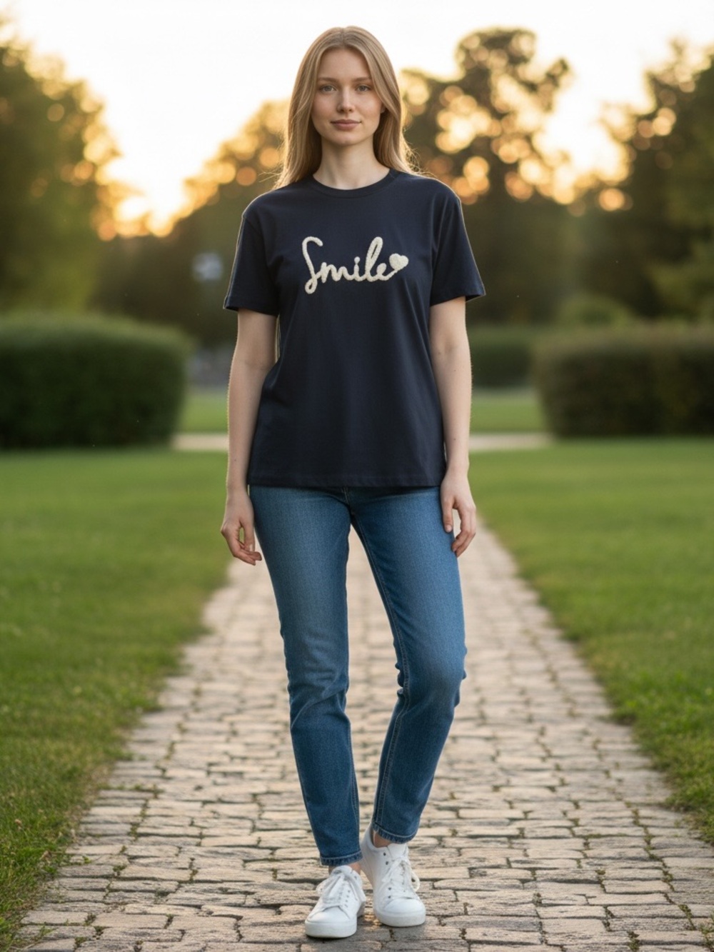 SHEIN Navy Blue Short Sleeve 'Smile' Graphic Tee EUC